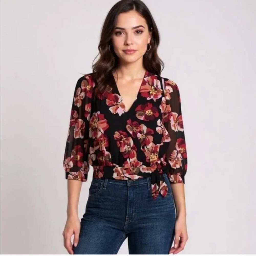Madewell Black and Red Floral Wrap Blouse